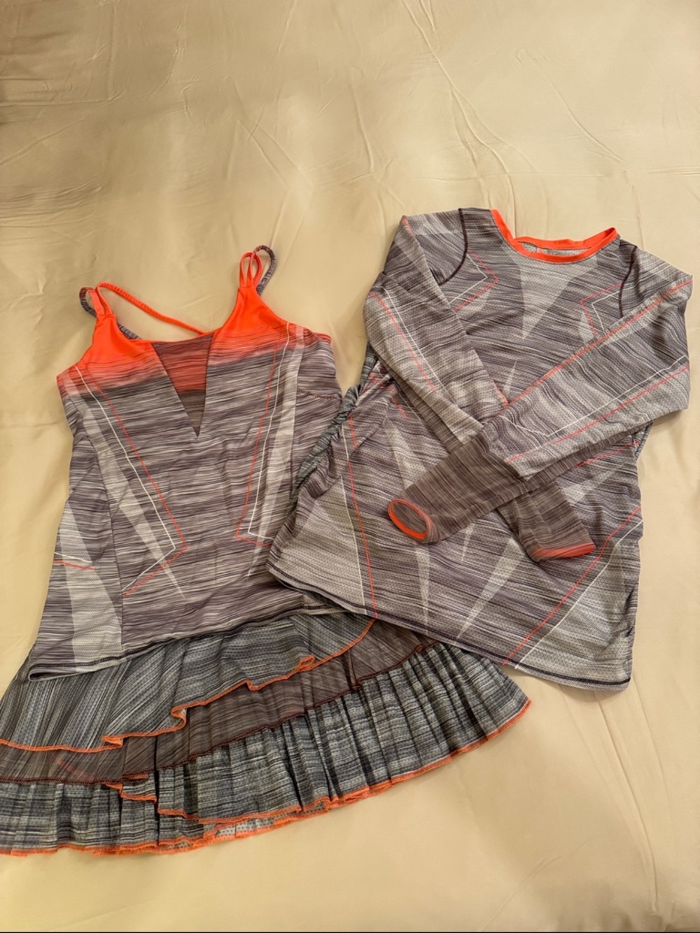 Lucky in Love Tennis LS Top, Tank and skirt in Gray with Neon Orange Trim